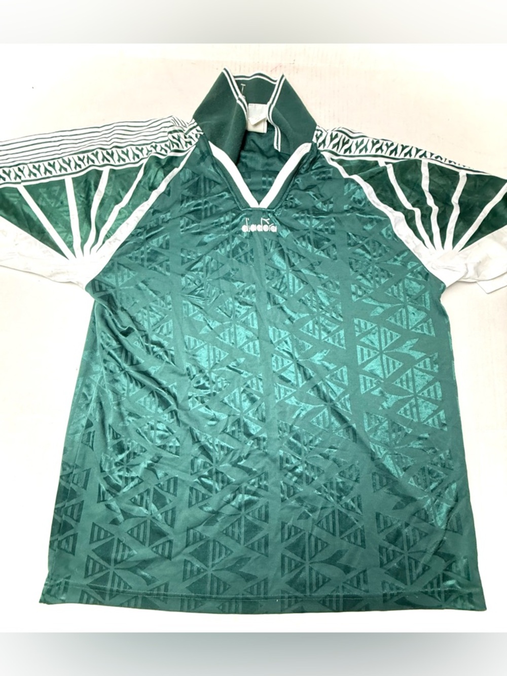 Vintage Diadora Football Soccer Jersey Large Green White 80s 90s Rare Geometric